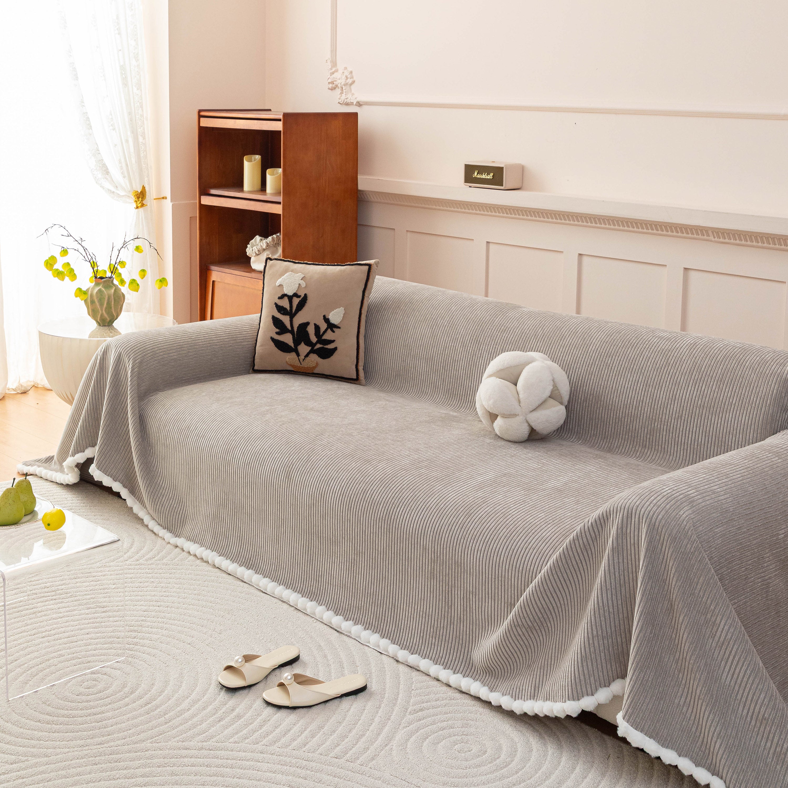 Textured Striped Cozy Couch Cover Throw Blanket with Pom Pom Trim for Sectional Sofa