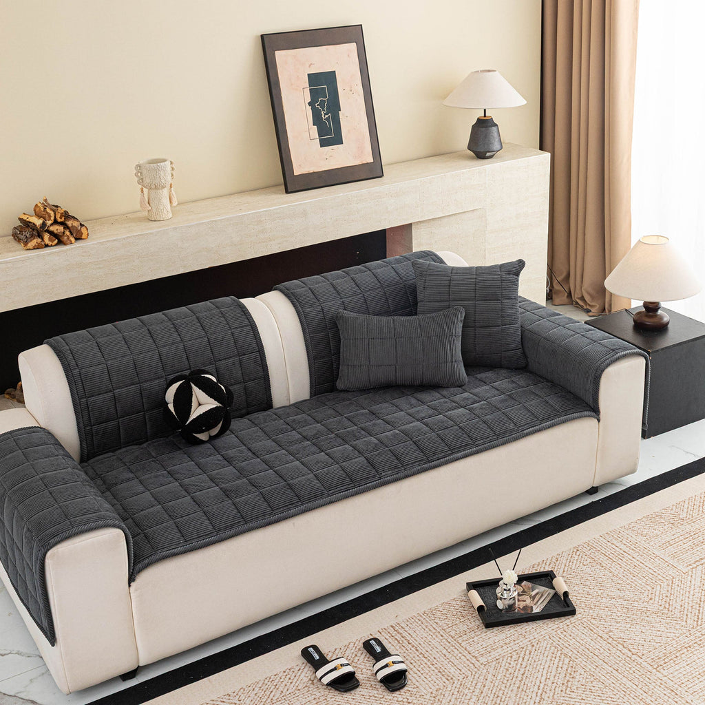 Quilted Corduroy Couch Topper, Non-Slip Soft Padded Sofa Protector for Pets & Kids