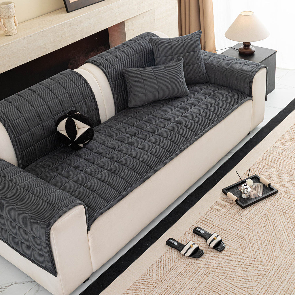 Quilted Corduroy Couch Topper, Non-Slip Soft Padded Sofa Protector for Pets & Kids