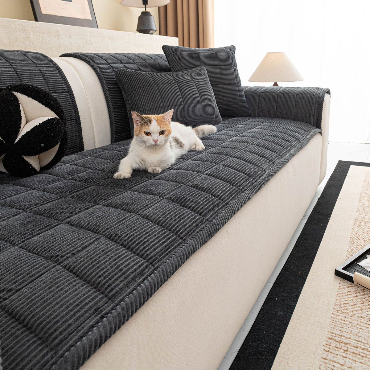 Quilted Corduroy Couch Topper, Non-Slip Soft Padded Sofa Protector for Pets & Kids