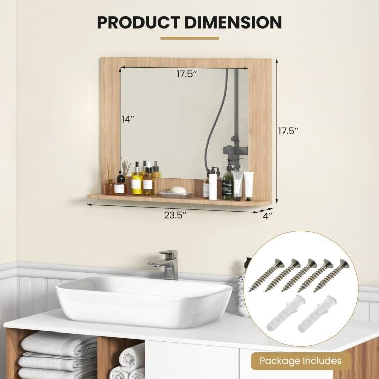 Rectangular 23 x 17 inch Bathroom Wall Mirror with Shelf in Brown Wood Finish