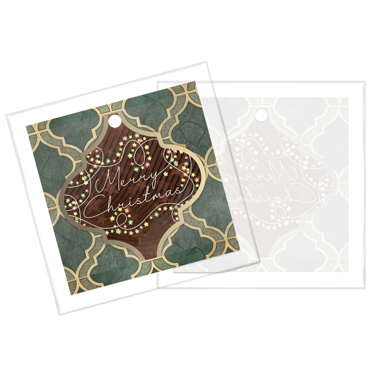 Merry Christmas Arabesque Design Square Glass Ornament