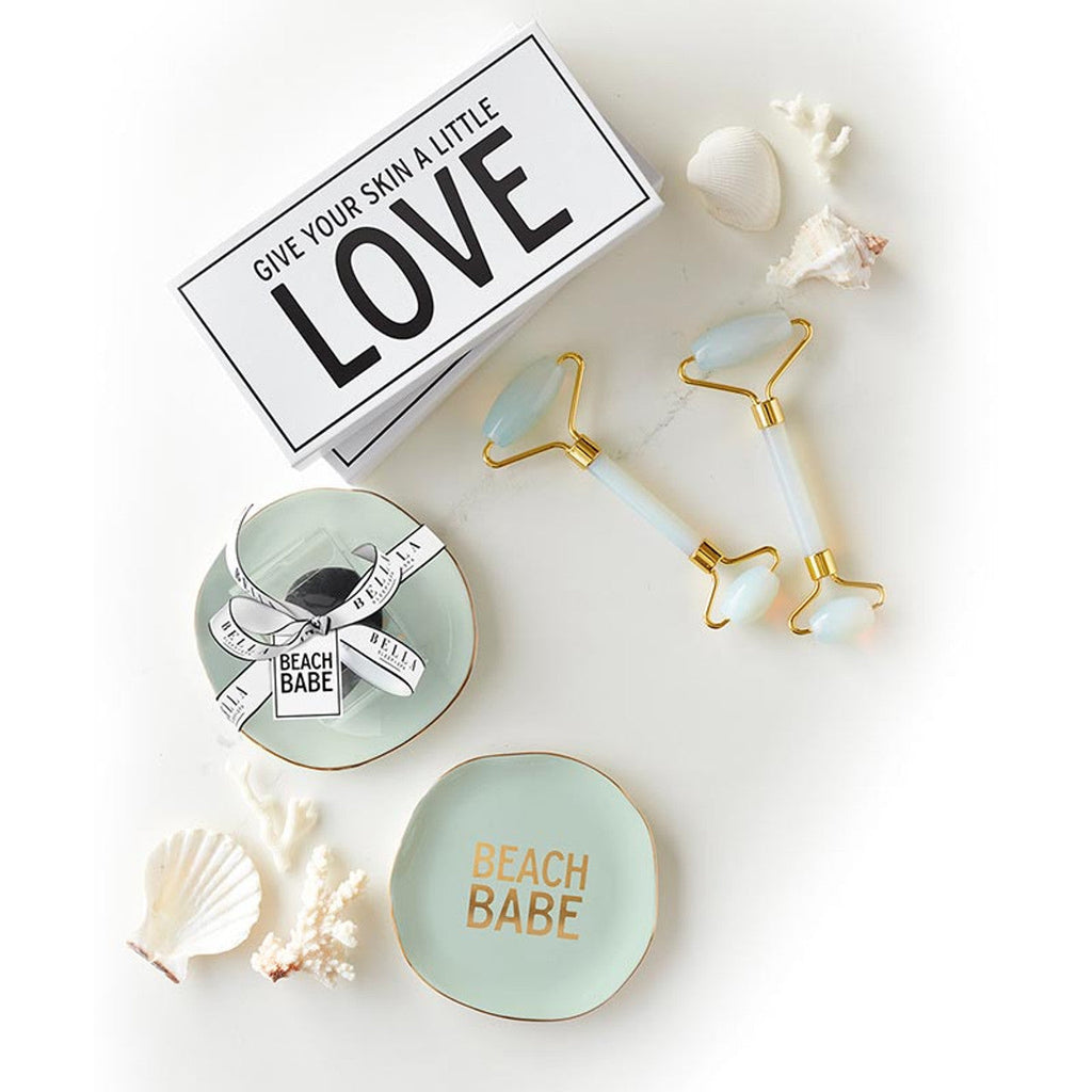 Beach Babe Sage Green Ceramic Tray with Makeup Sponge Gift Set | Cosmetic Giftable Beauty Tools Set