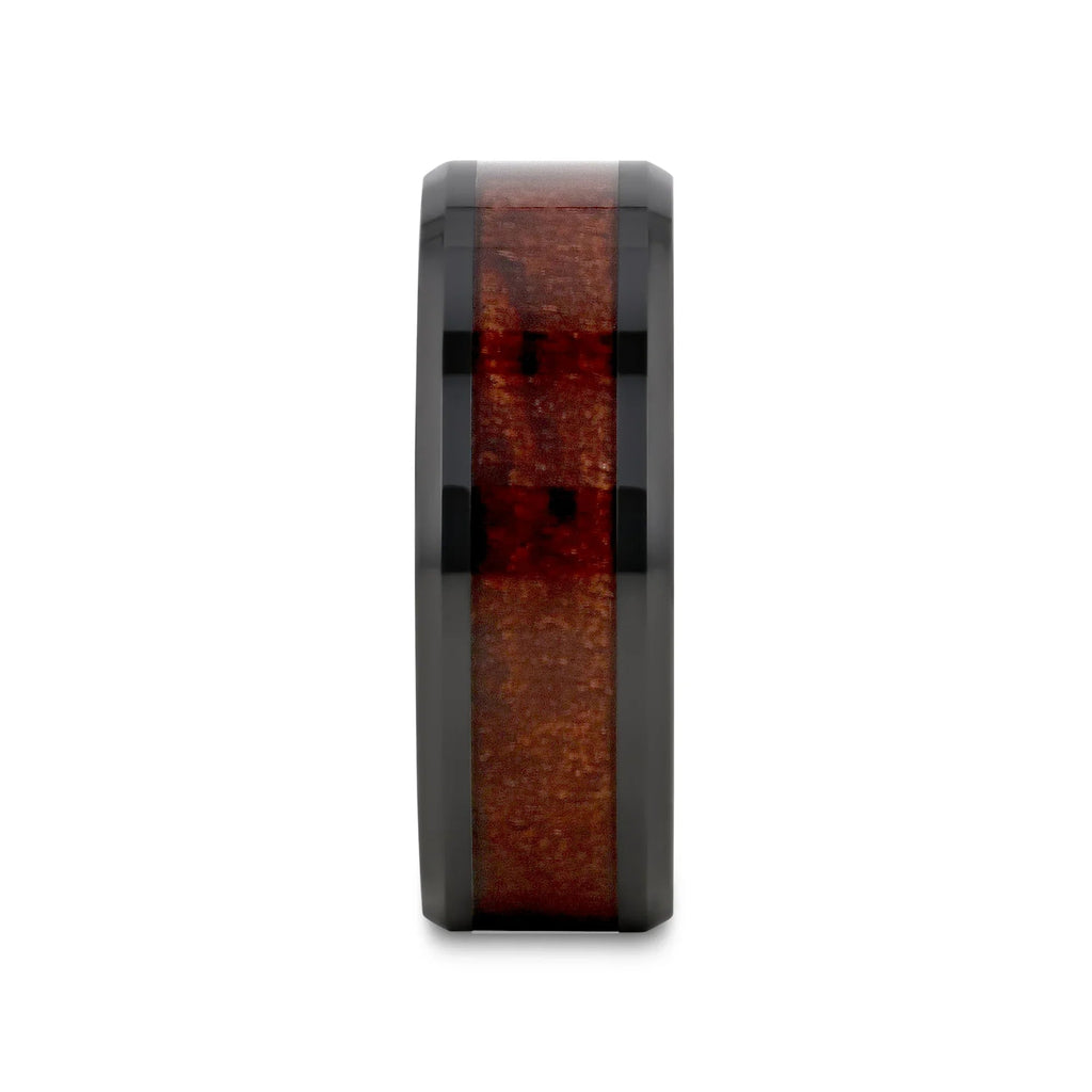 BENNY Black Ceramic Polished Beveled Edges Men’s Wedding Band with Bubinga Wood Inlay - 8mm