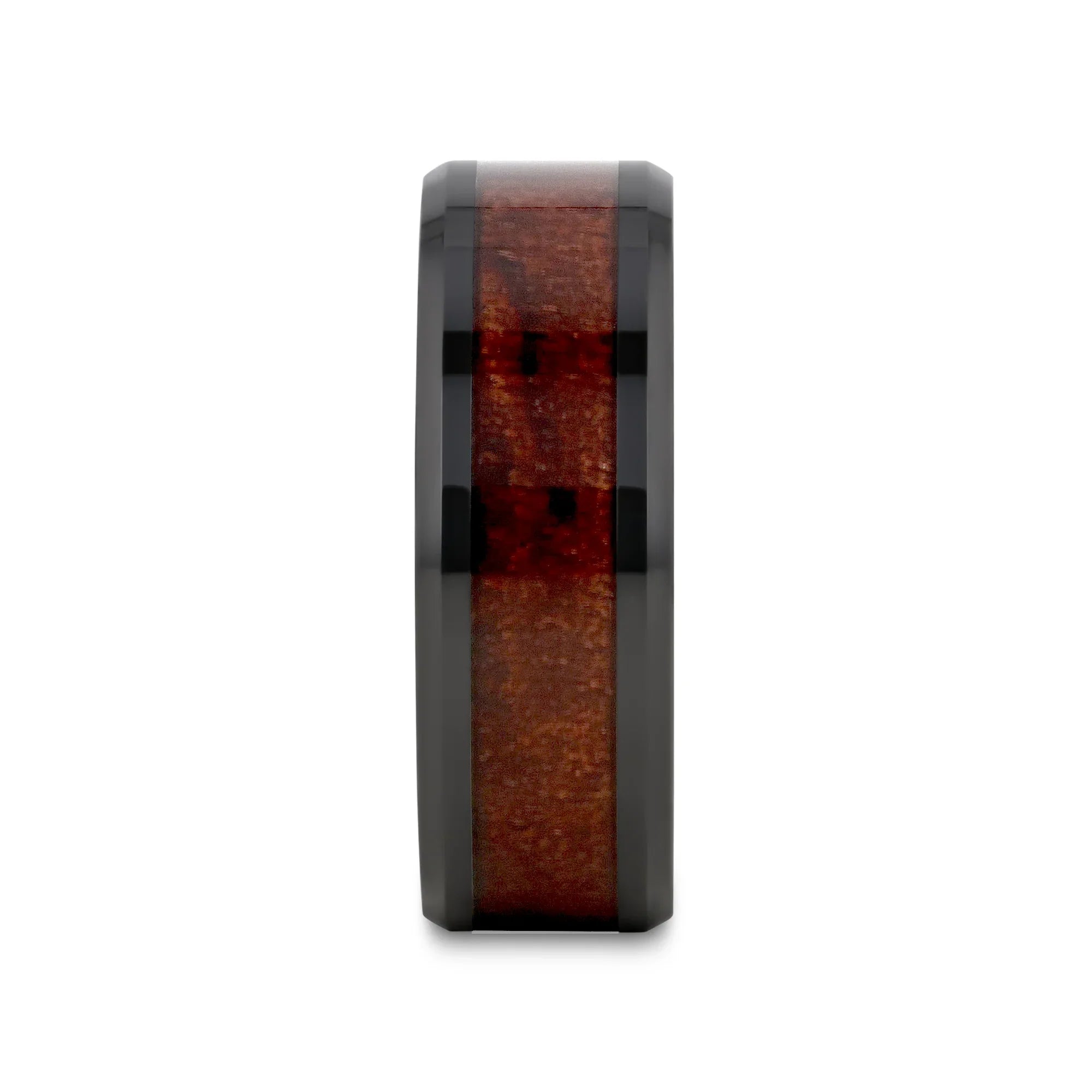 BENNY Black Ceramic Polished Beveled Edges Men’s Wedding Band with Bubinga Wood Inlay - 8mm