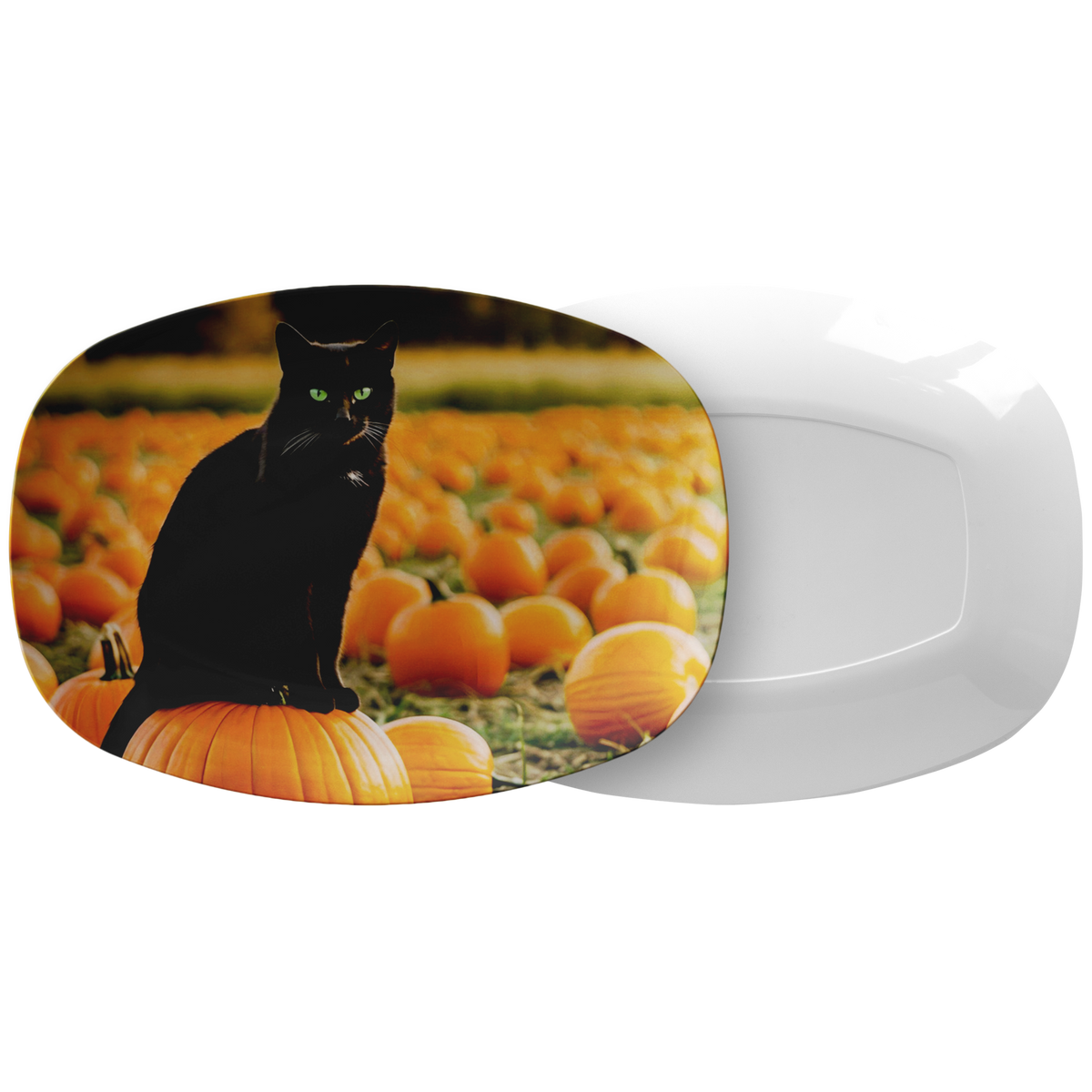 Black Cat in Pumpkin Patch Fall 10" x 14" Serving Platter