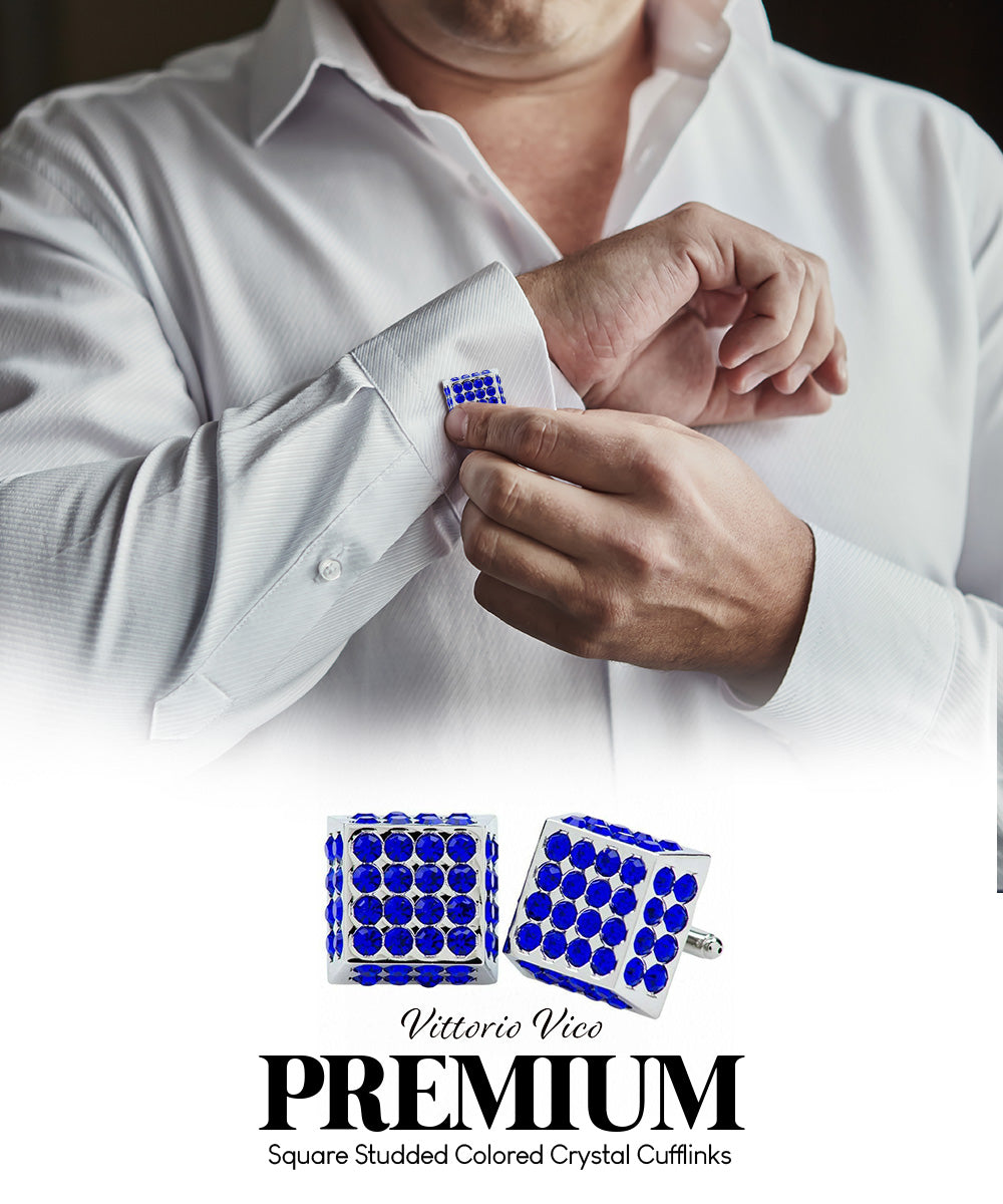 Vittorio Vico Men's Large  Square Studded Colored Crystal Cufflinks: CL76XX Series