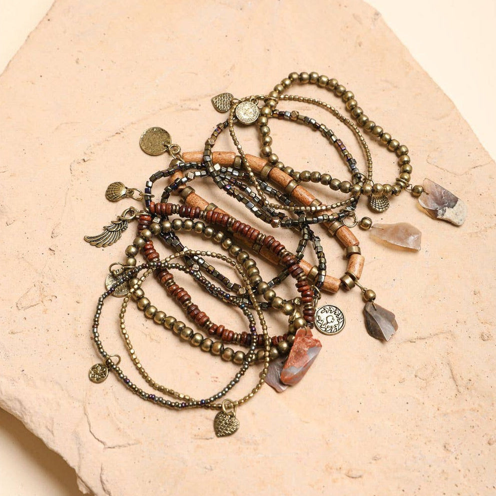Boho Stone and Bead Stack of 10 Bracelets | Stretch Stackable Jewelry
