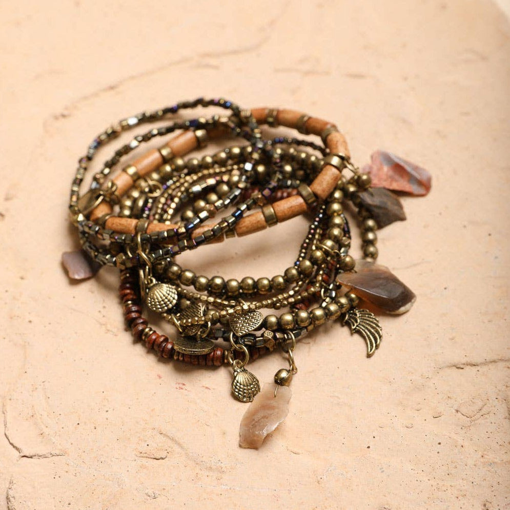 Boho Stone and Bead Stack of 10 Bracelets | Stretch Stackable Jewelry