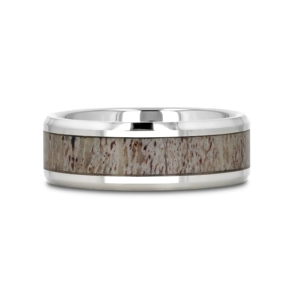 BUCK Polished Beveled Tungsten Carbide Men's Wedding Band with Ombre Deer Antler Inlay - 6mm & 8mm