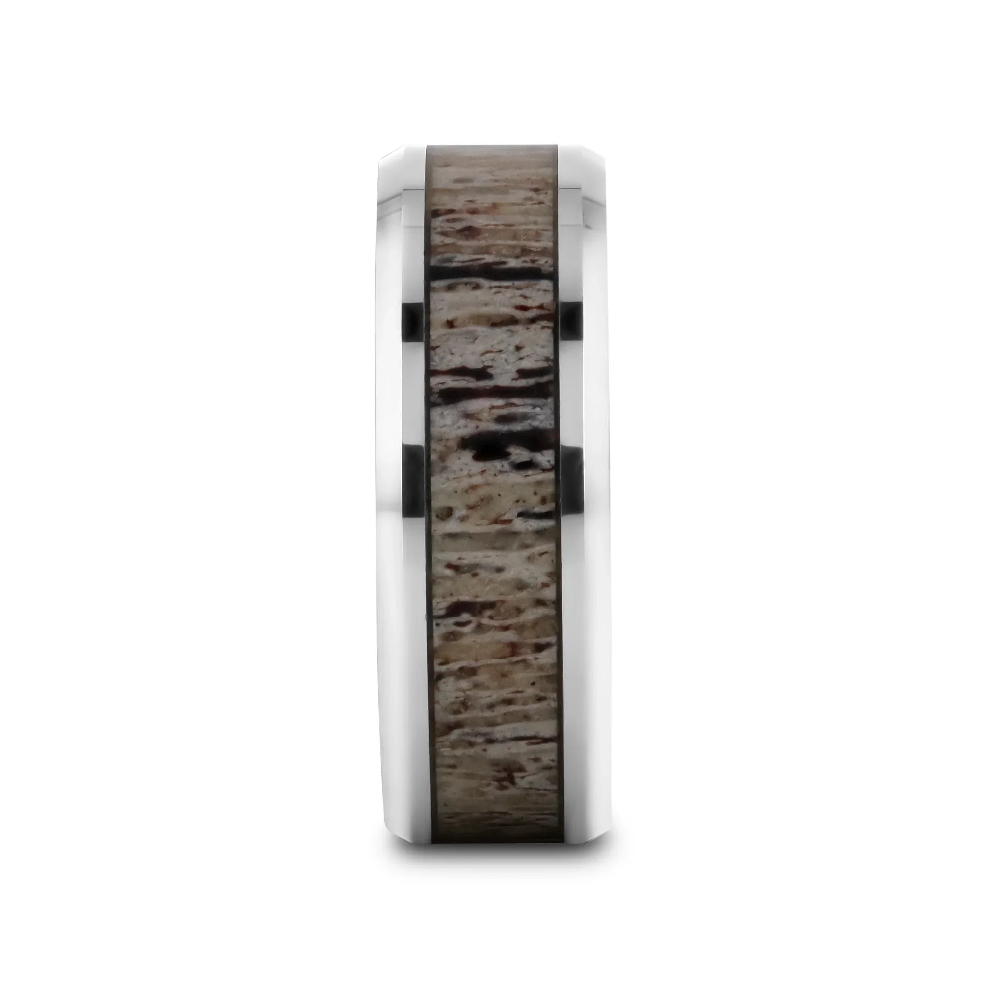 BUCK Polished Beveled Tungsten Carbide Men's Wedding Band with Ombre Deer Antler Inlay - 6mm & 8mm