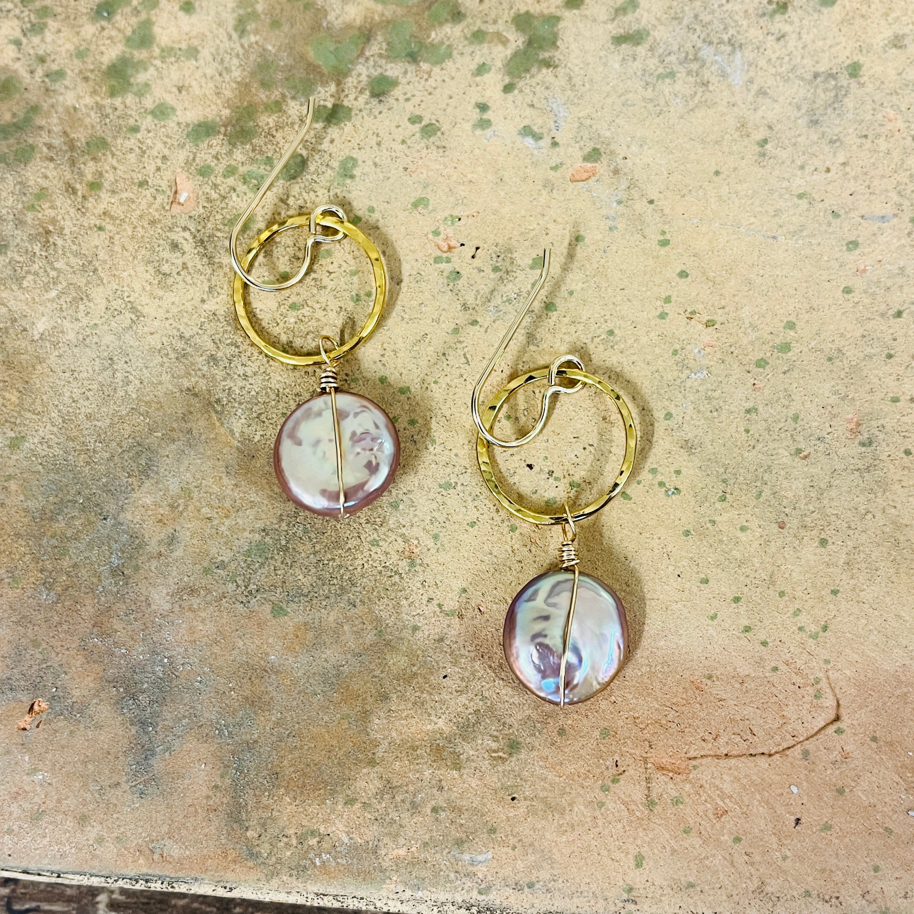14k gold filled or sterling silver LAVENDER ORCHID COIN PEARL EARRINGS