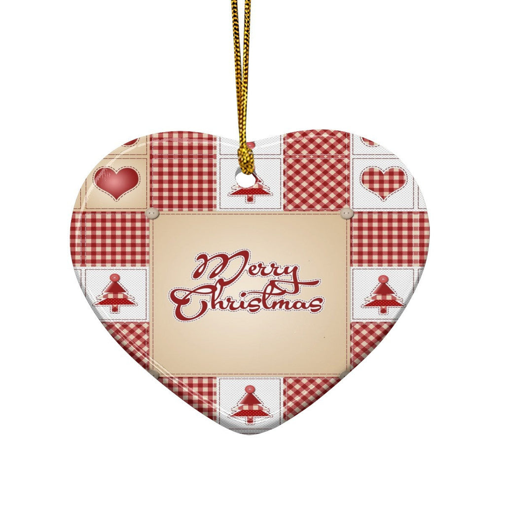 Red Patchwork Merry Christmas Pattern Heart Shaped Ceramic Ornament