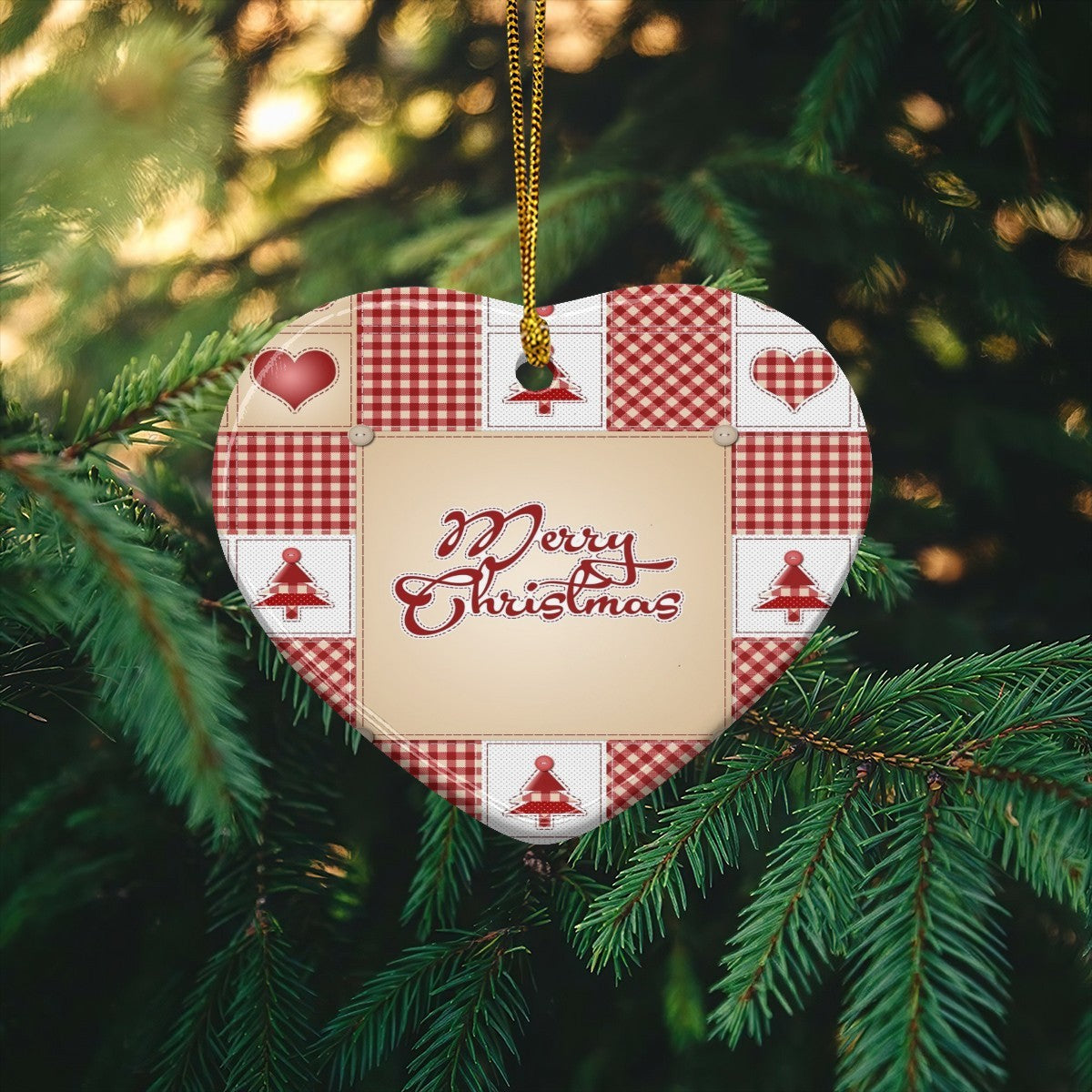 Red Patchwork Merry Christmas Pattern Heart Shaped Ceramic Ornament