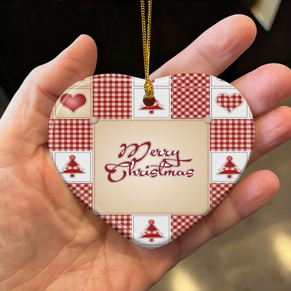 Red Patchwork Merry Christmas Pattern Heart Shaped Ceramic Ornament
