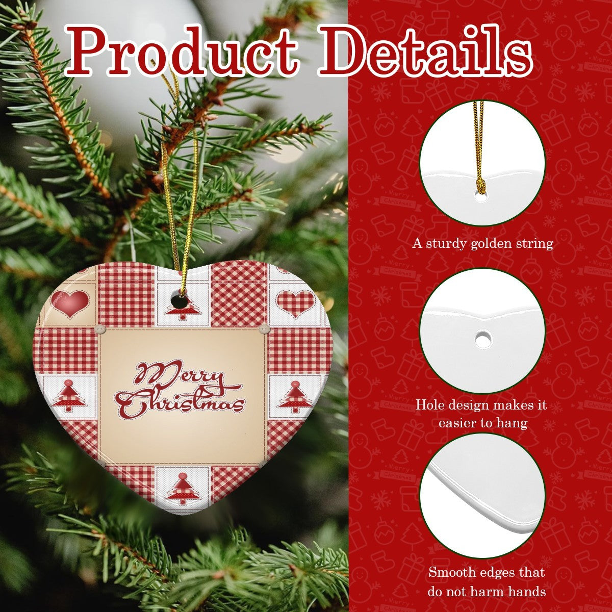 Red Patchwork Merry Christmas Pattern Heart Shaped Ceramic Ornament
