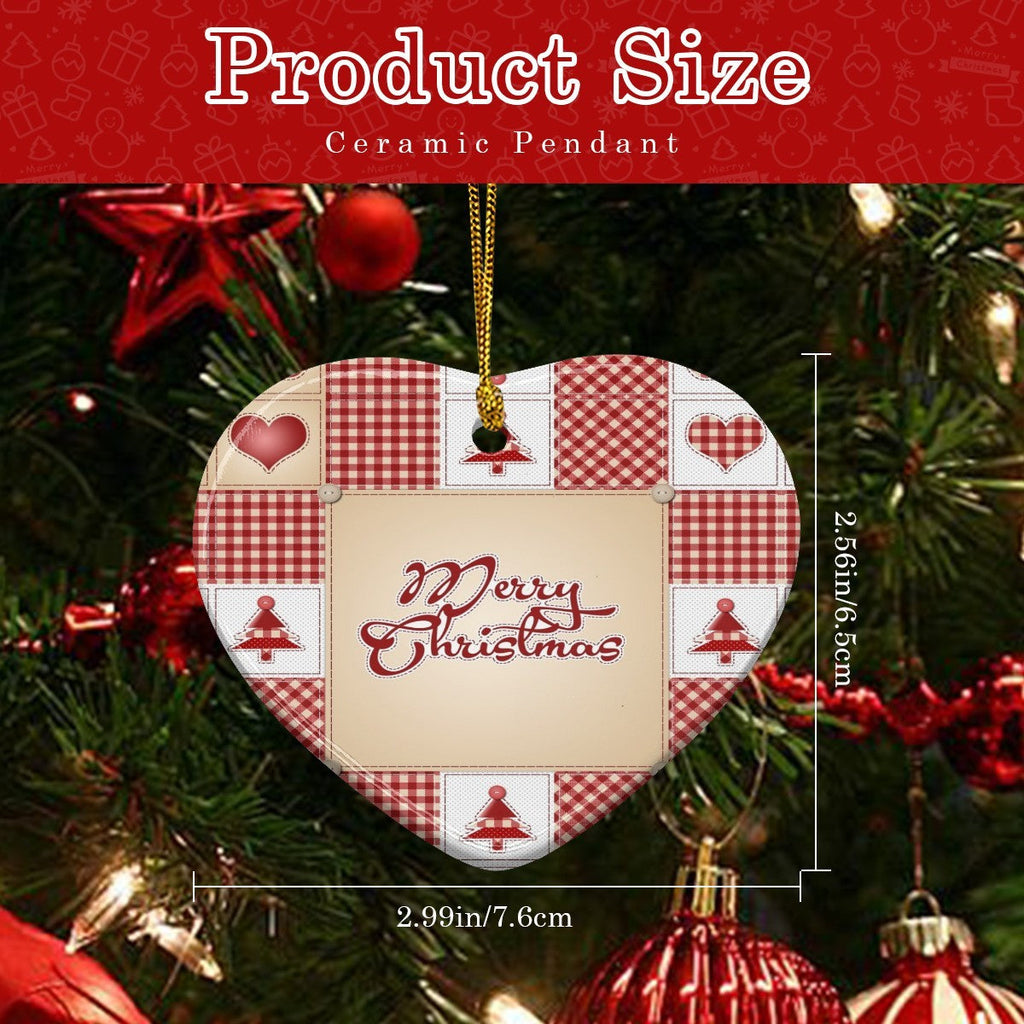 Red Patchwork Merry Christmas Pattern Heart Shaped Ceramic Ornament
