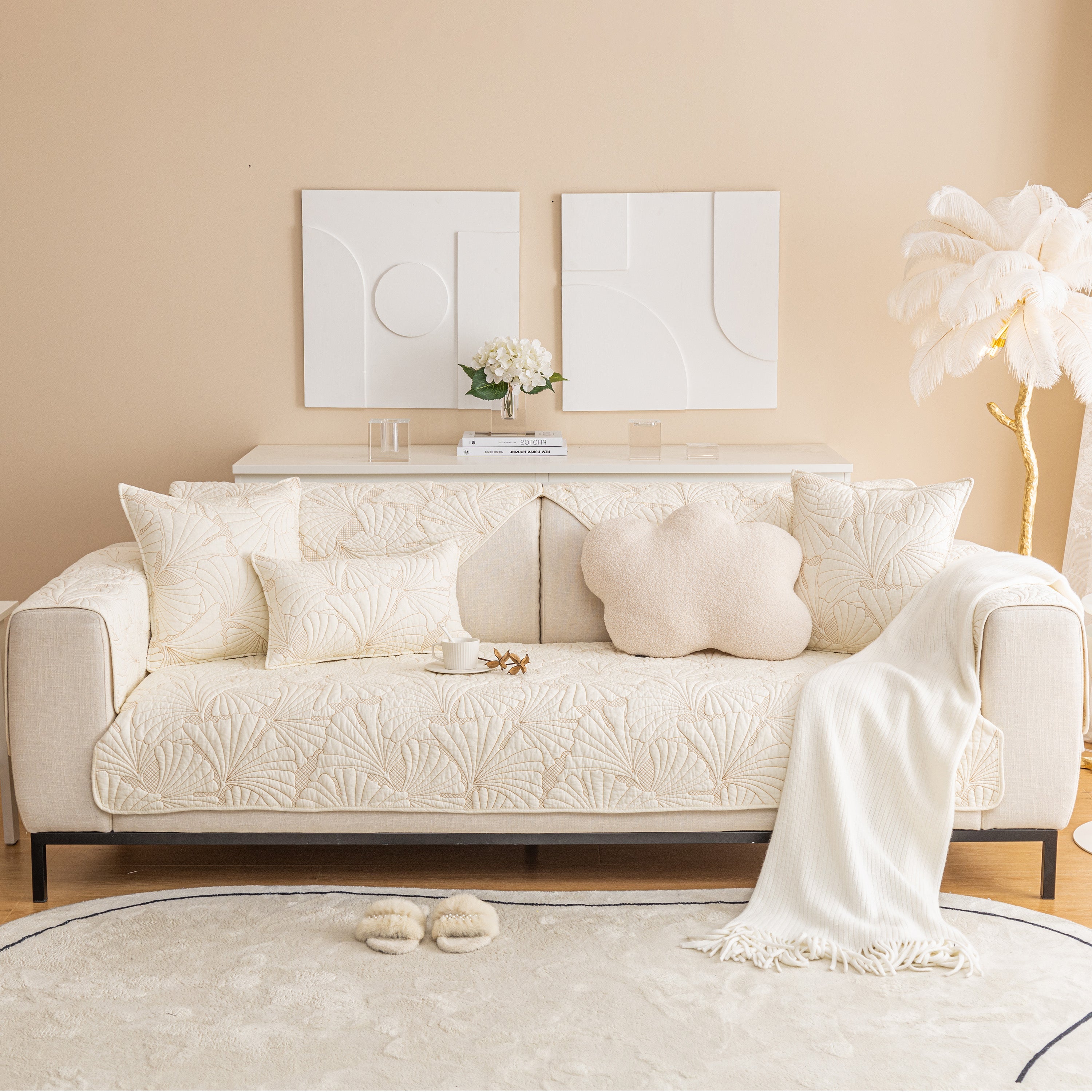Embossed Leaf Cotton Quilted Sofa Cover Non-Slip Couch Protector with Thick Padding