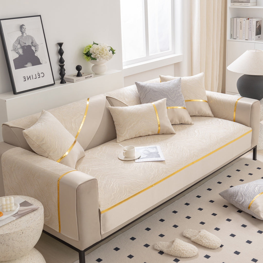 Modular Sofa Cover for Sectionals, Gold Striped Non-Slip Couch Protector