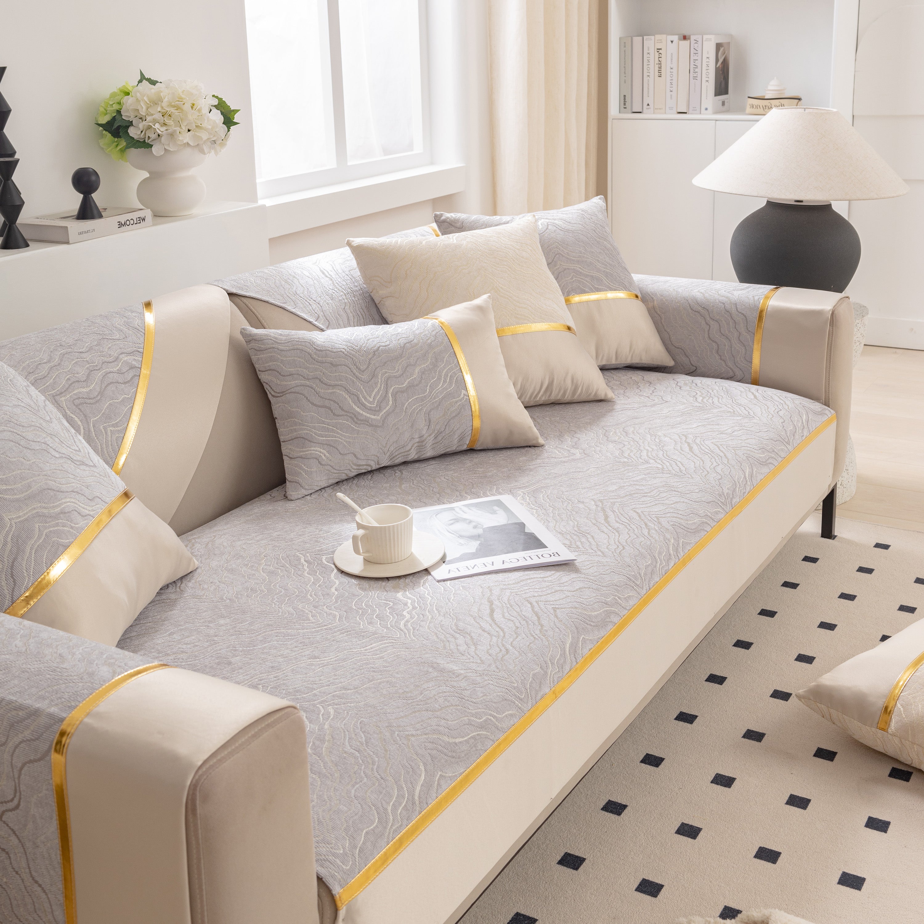 Modular Sofa Cover for Sectionals, Gold Striped Non-Slip Couch Protector