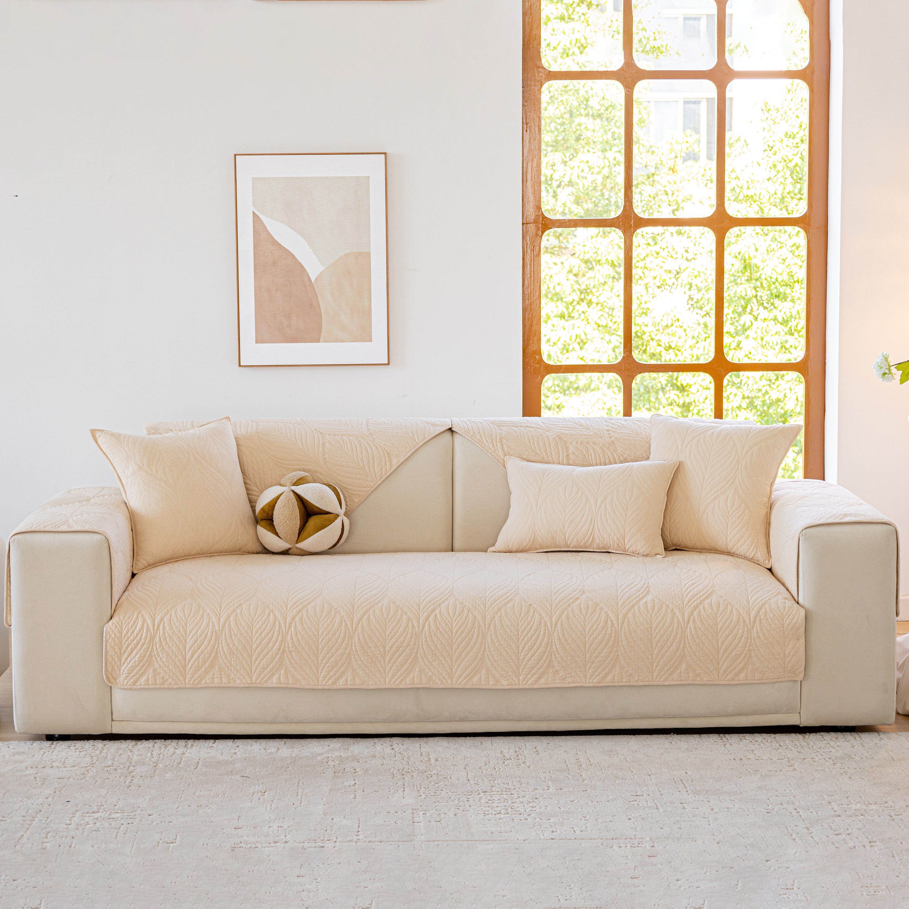 Leaf Vein Textured Cotton Quilted Sofa Slipcover, Non-Slip Modular Couch Covers