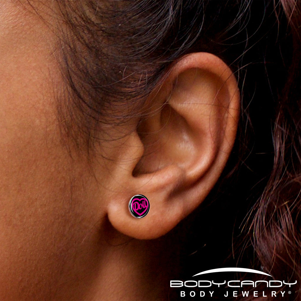 Hollow Heart Doll Word Stud Earrings by Onyx O