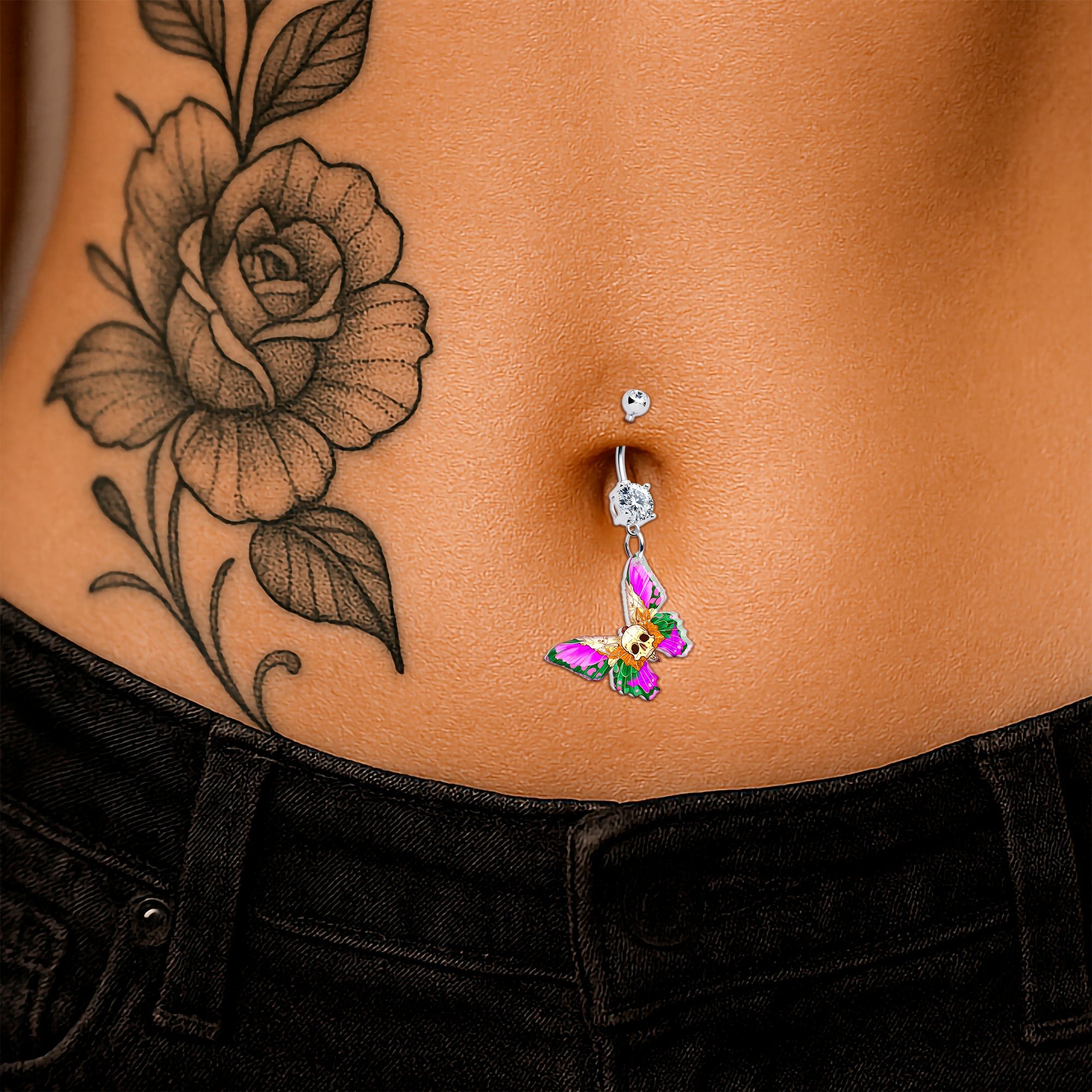 Clear Gem Butterfly Skull Dangle Belly Ring by Onyx O