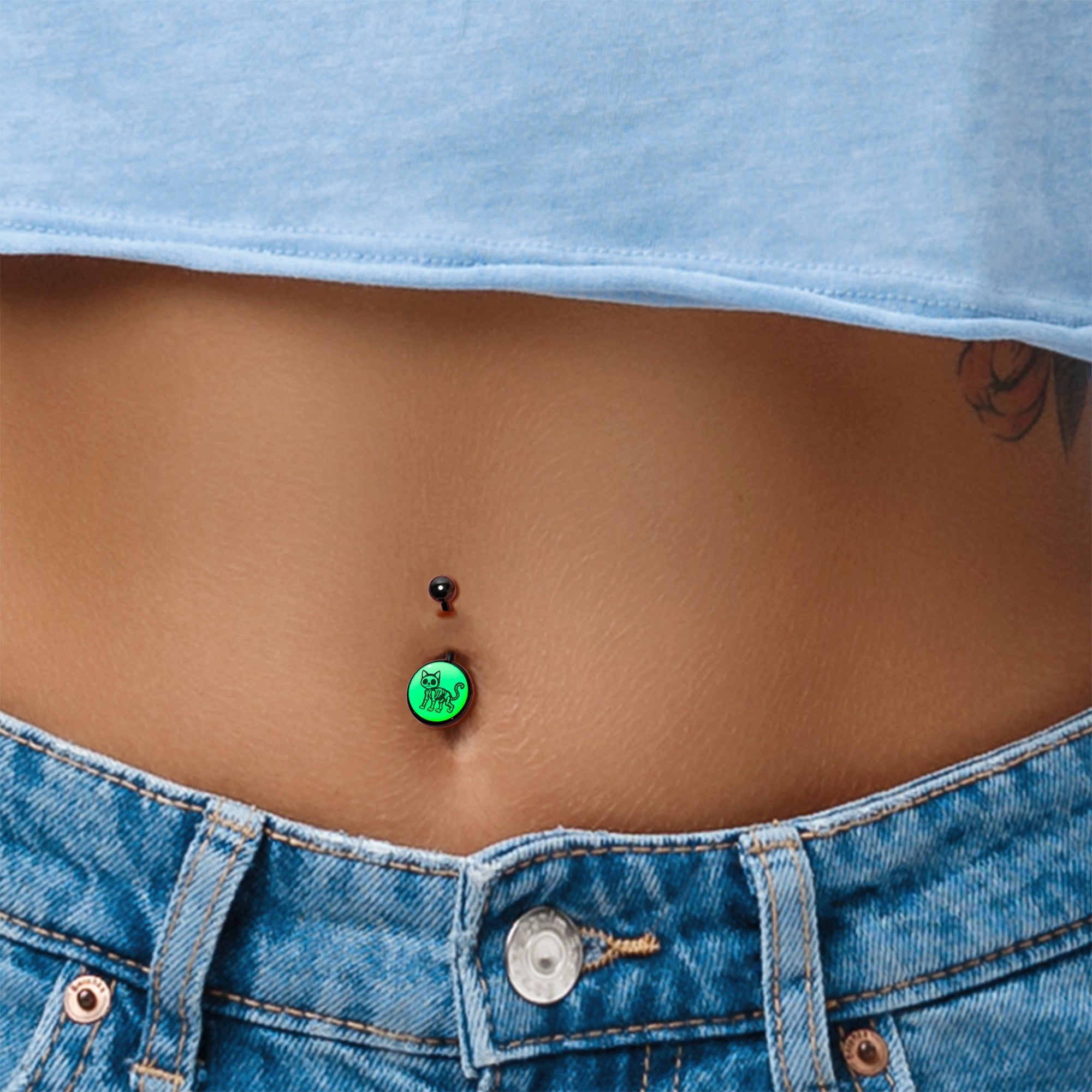 Black Anodized Glow in the Dark Skeleton Kitty Cat Belly Ring by Onyx O