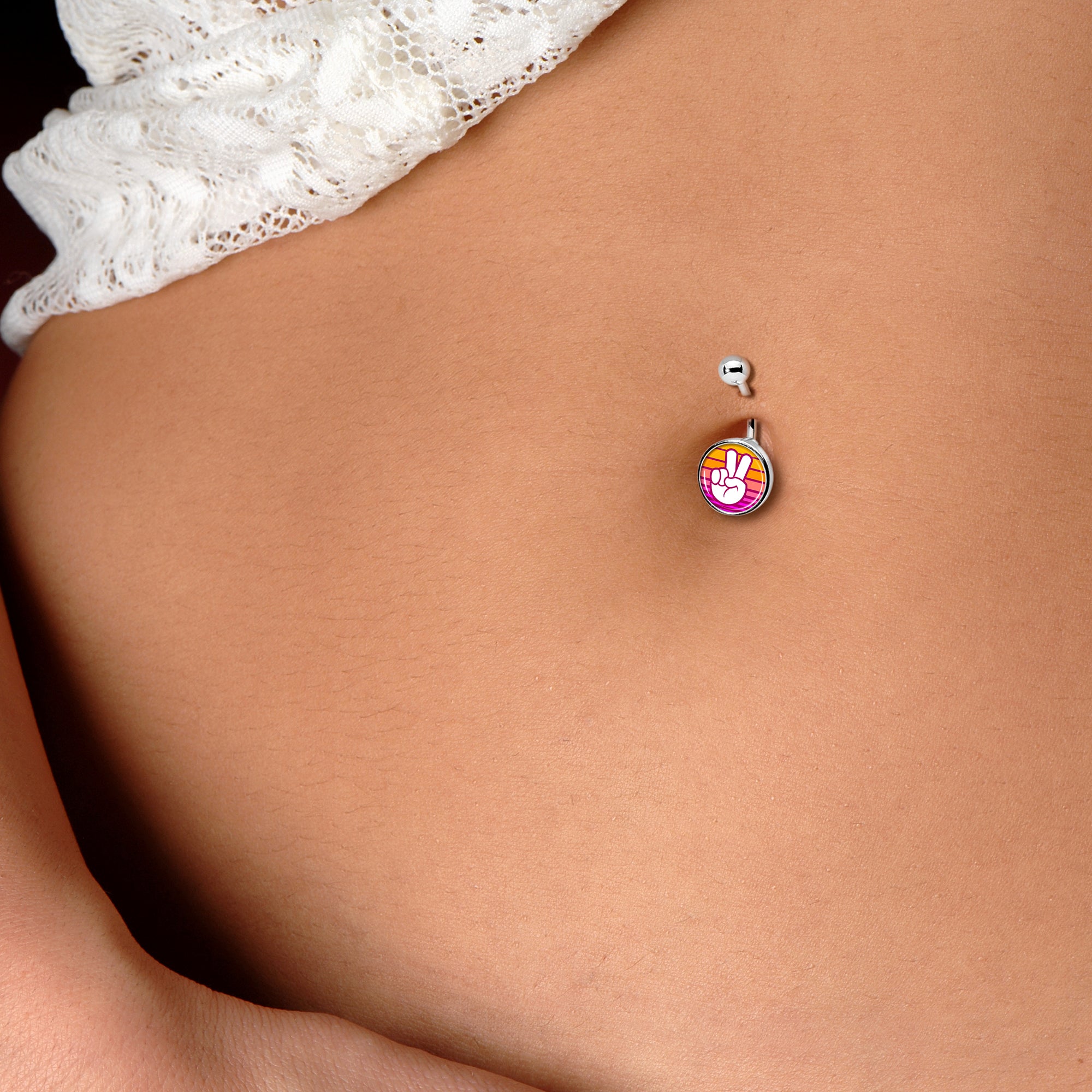 Retro Stripes Peace Sign Fingers Belly Ring by Onyx O