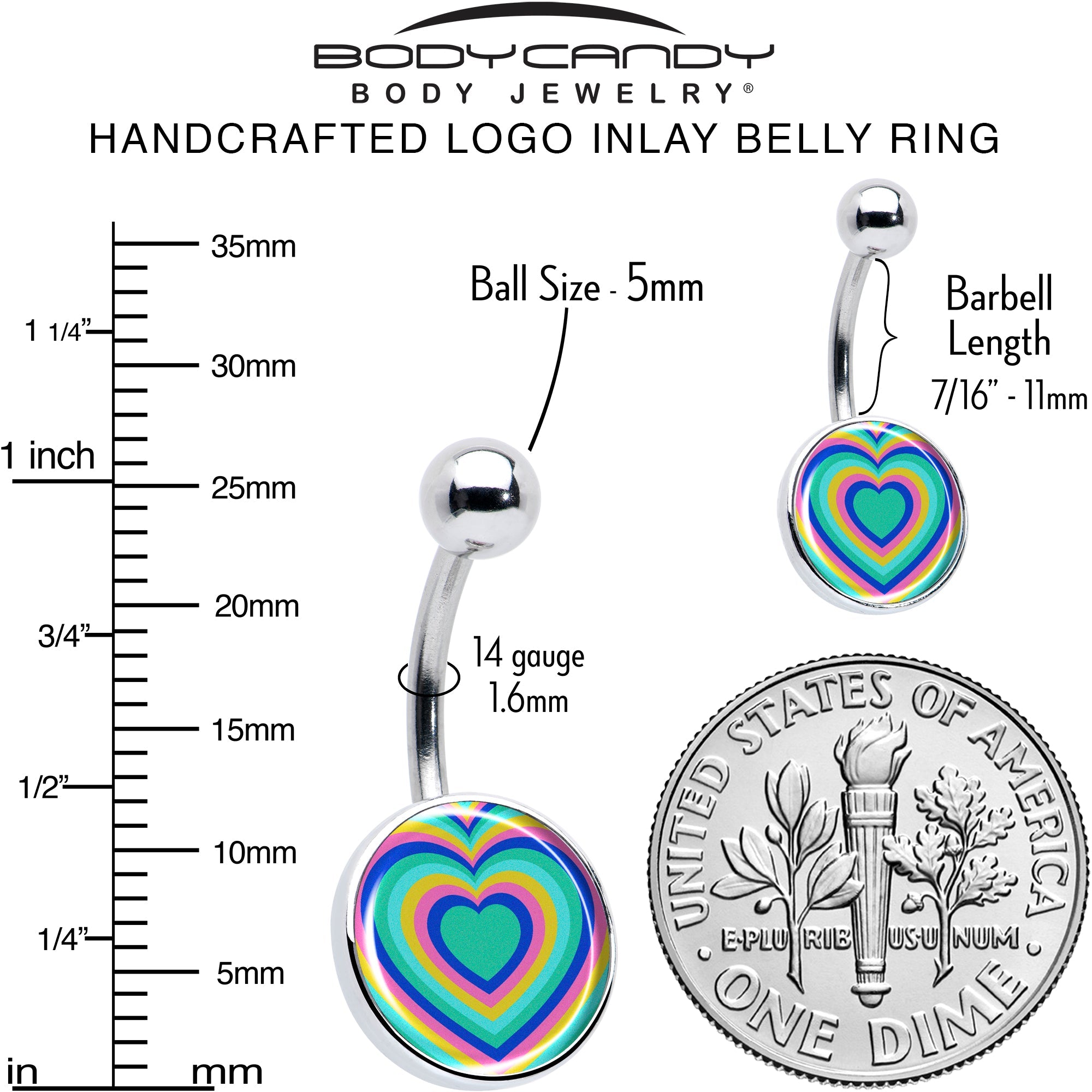 Rainbow Retro Heart Belly Ring by Onyx O