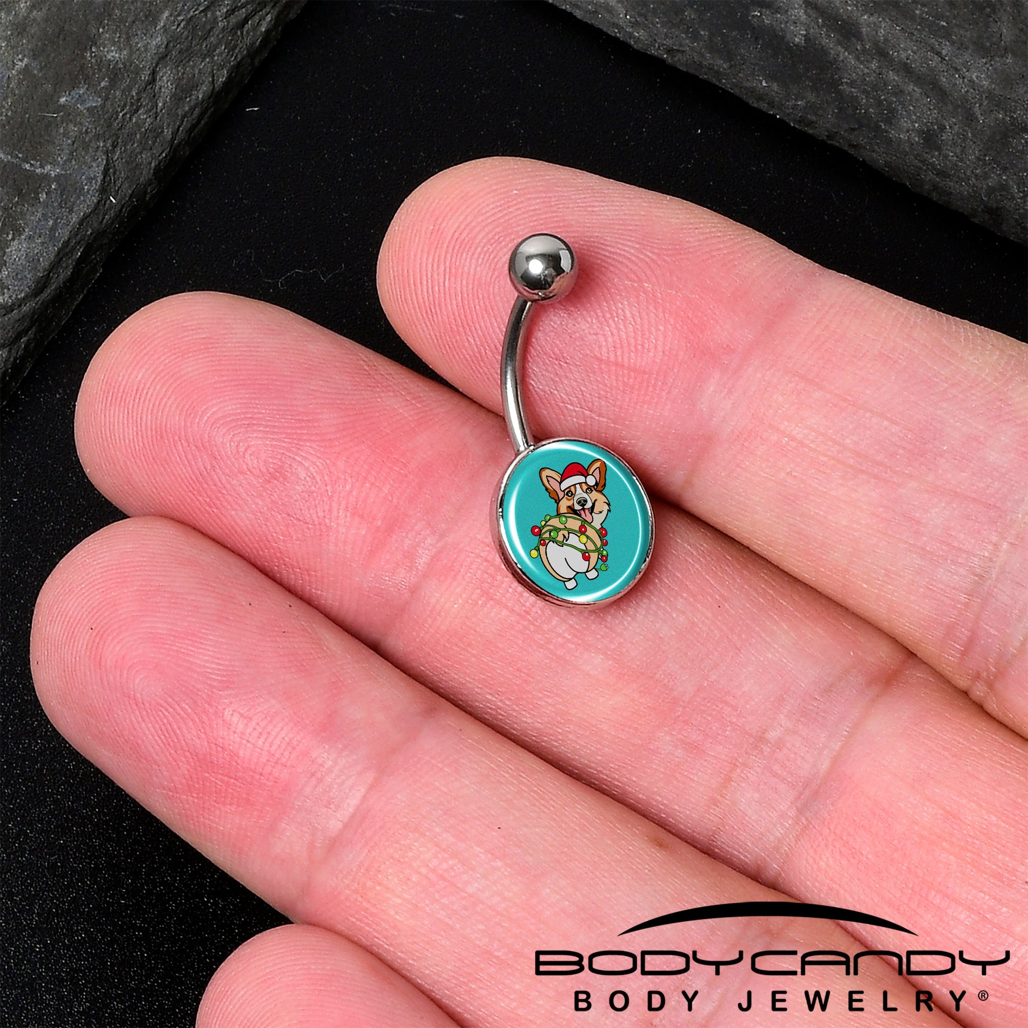 Christmas Holiday Lights Corgi Dog Belly Ring by Onyx O