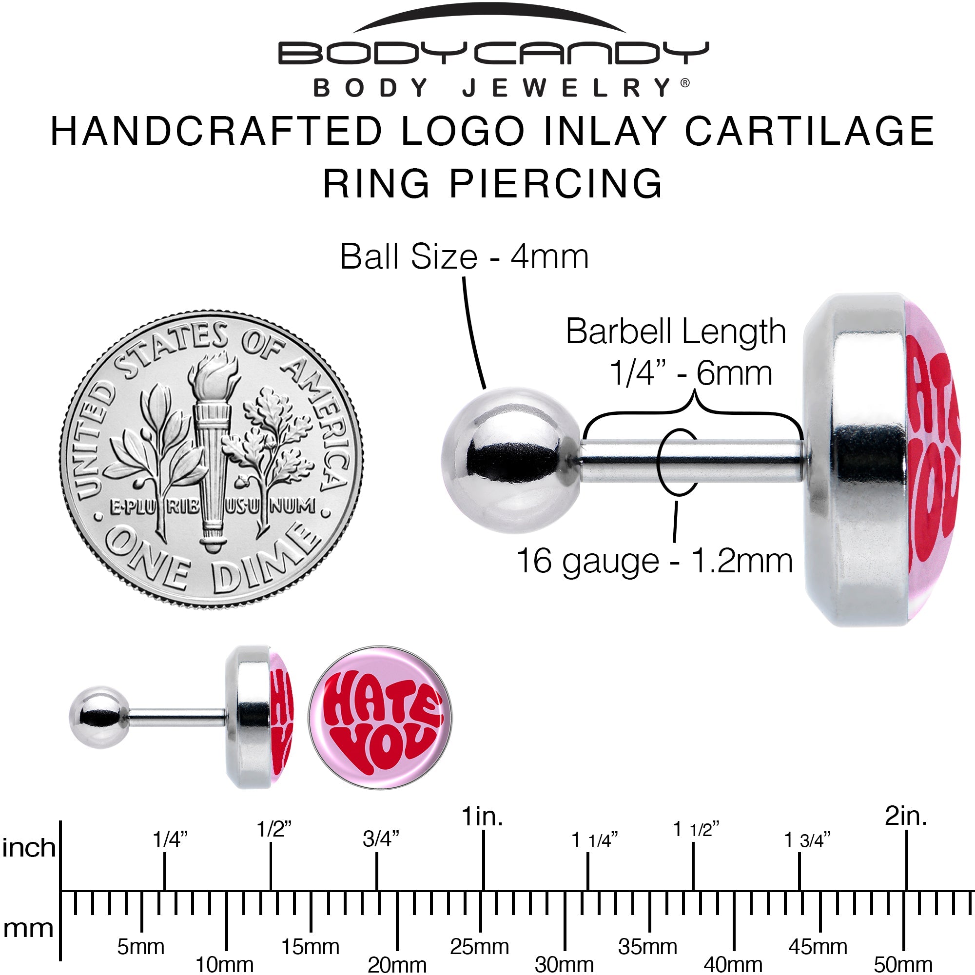 16G 1/4 Retro Text Hate You Tragus Cartilage Earring by Onyx O