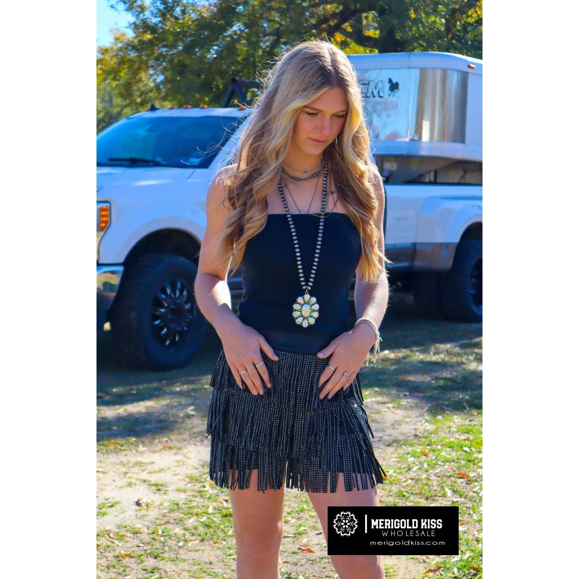 Catalena Fringe Rhinestone Skort Miniskirt Shorts in Black [Available in SM-L]