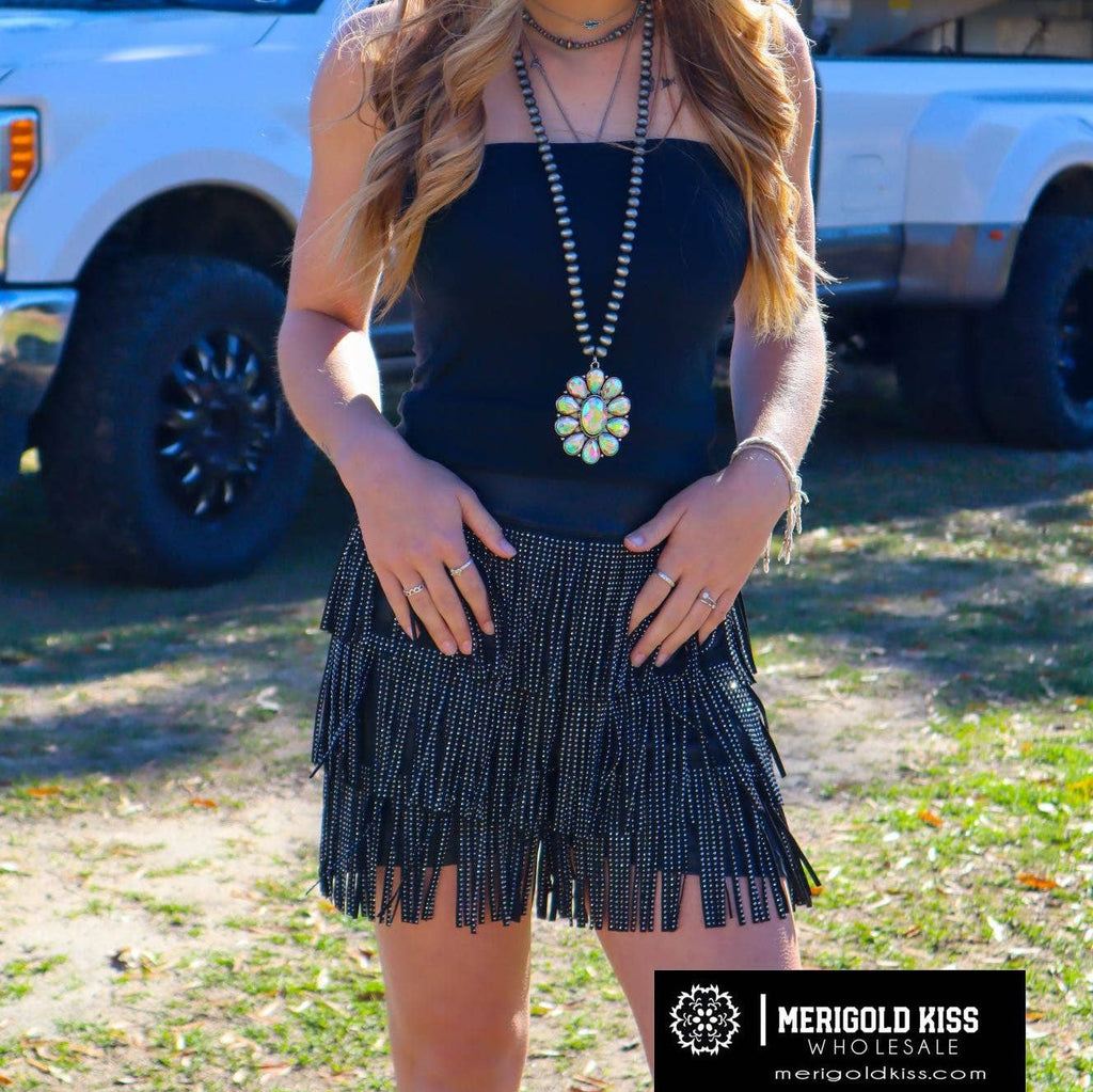 Catalena Fringe Rhinestone Skort Miniskirt Shorts in Black [Available in SM-L]