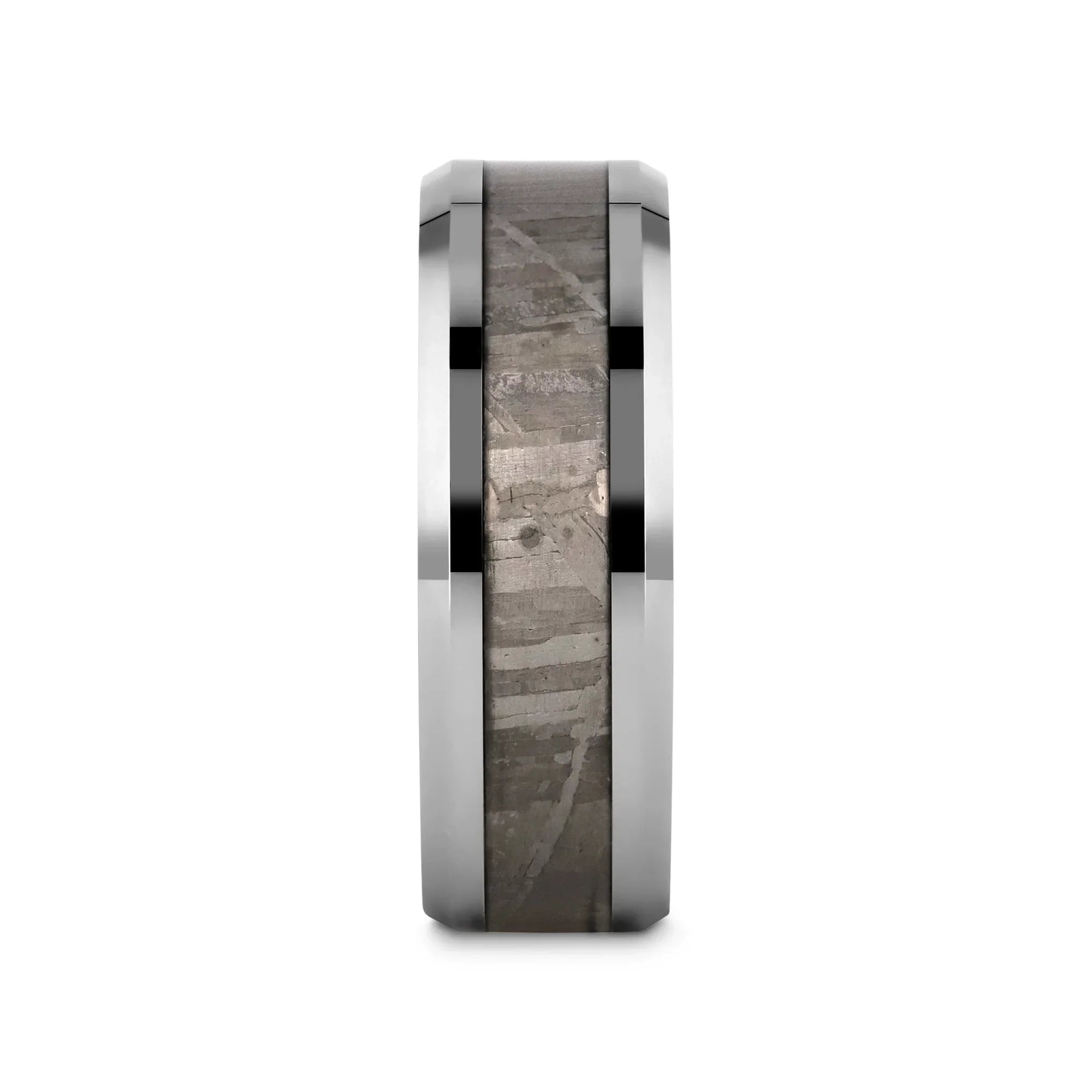 CELESTIAL Flat Tungsten Carbide Ring with Beveled Edges and Meteorite Inlay Thorsten - 8mm