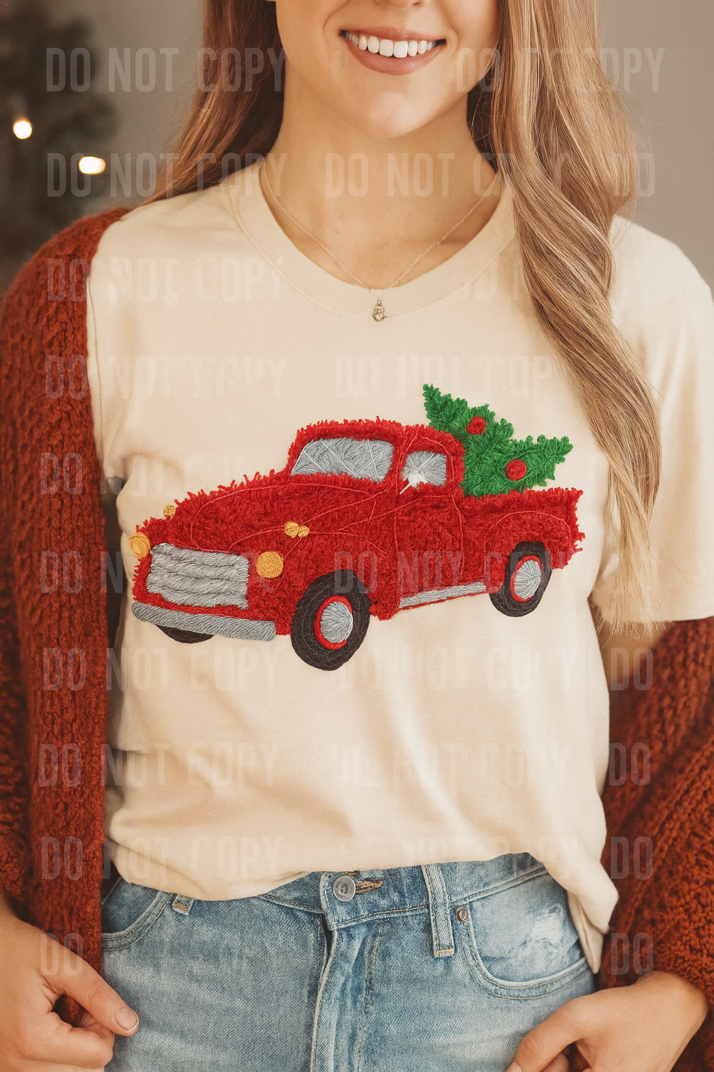 Red Christmas truck faux yarn tee or sweatshirt