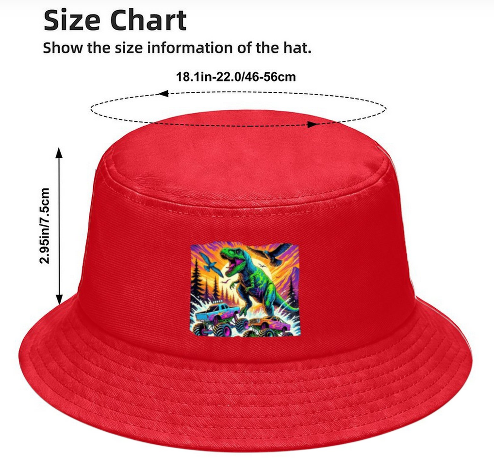 Giant Dinosaur Stomping Trucks Design Kid's Bucket Hat | Ships from USA