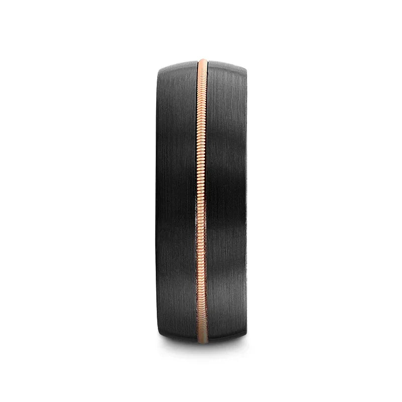 CHORDAL Black Tungsten Ring with Brass Guitar String Inlay and Whiskey Barrel Wood Inner Sleeve – 8mm