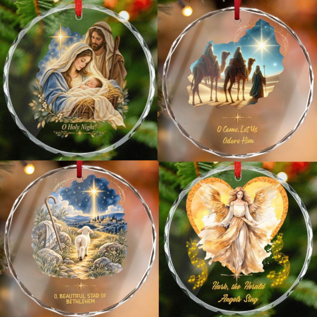 Faith Based Christmas Carols Golden Ornament Set - Set of 4