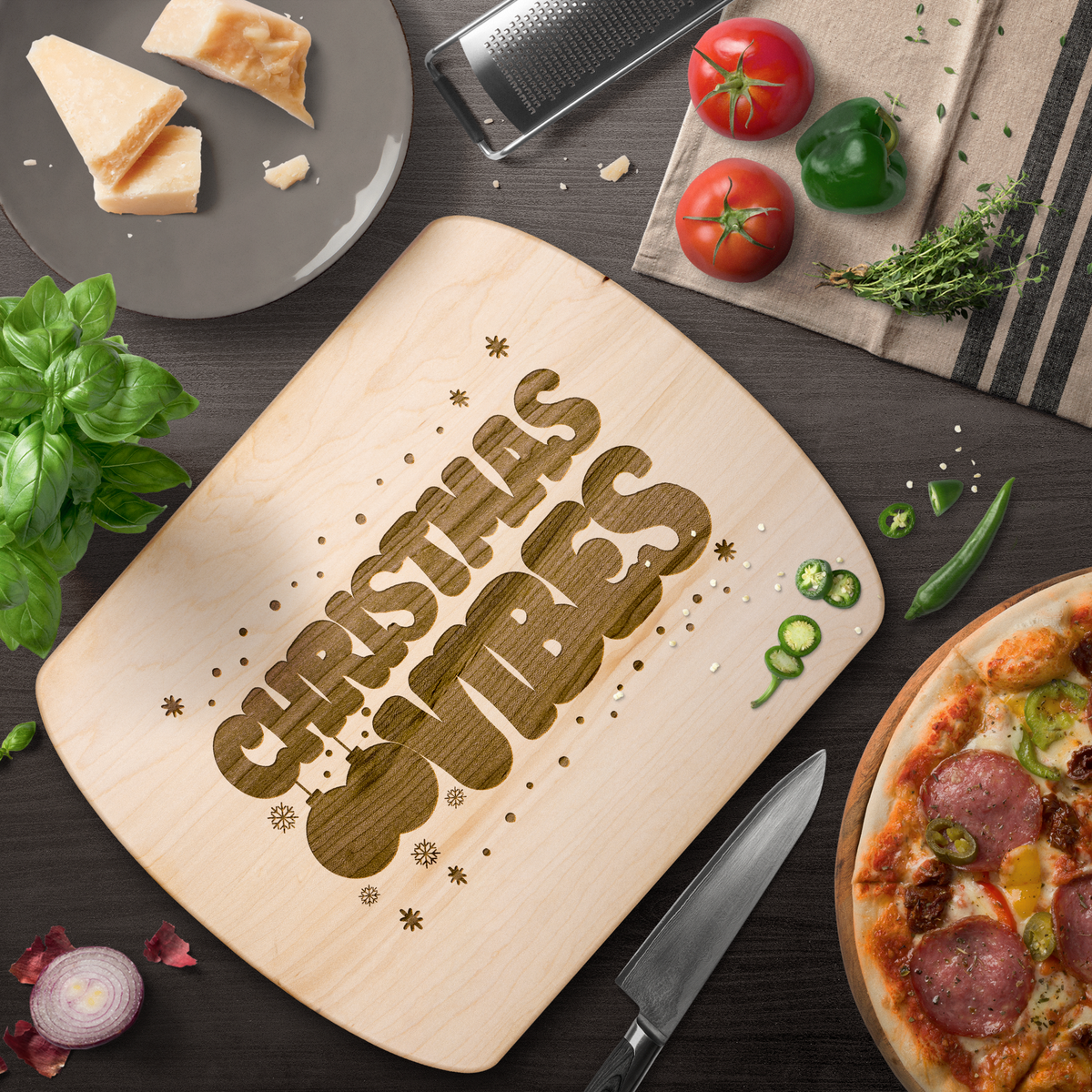 Christmas Vibes with Ornaments Hardwood Cutting Board