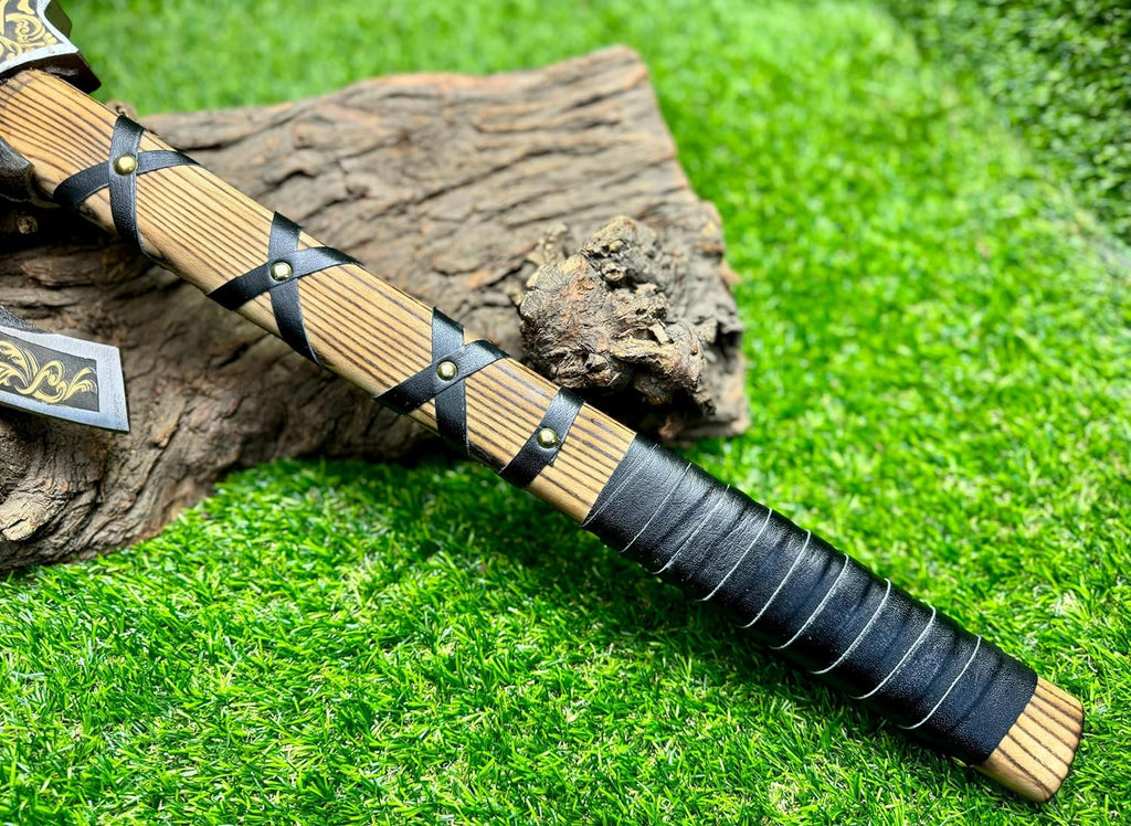 Viking Hatchet with Custom Handmade Engraved 1095 Steel Blade and Ash Wood Leather-Wrapped Handle – Battle Forge