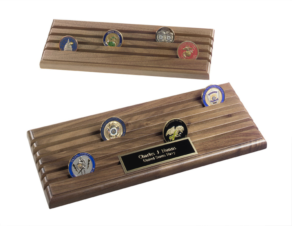 Coin Display Rack With 6 Rows, Walnut Wood, Holds up to 36 Coins.