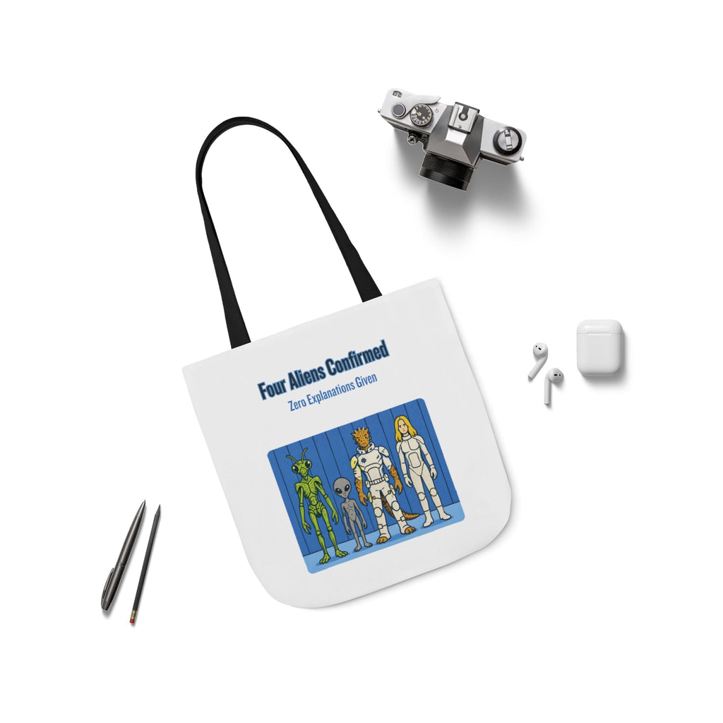 "Four Aliens Confirmed" Sci‑Fi Canvas Tote
