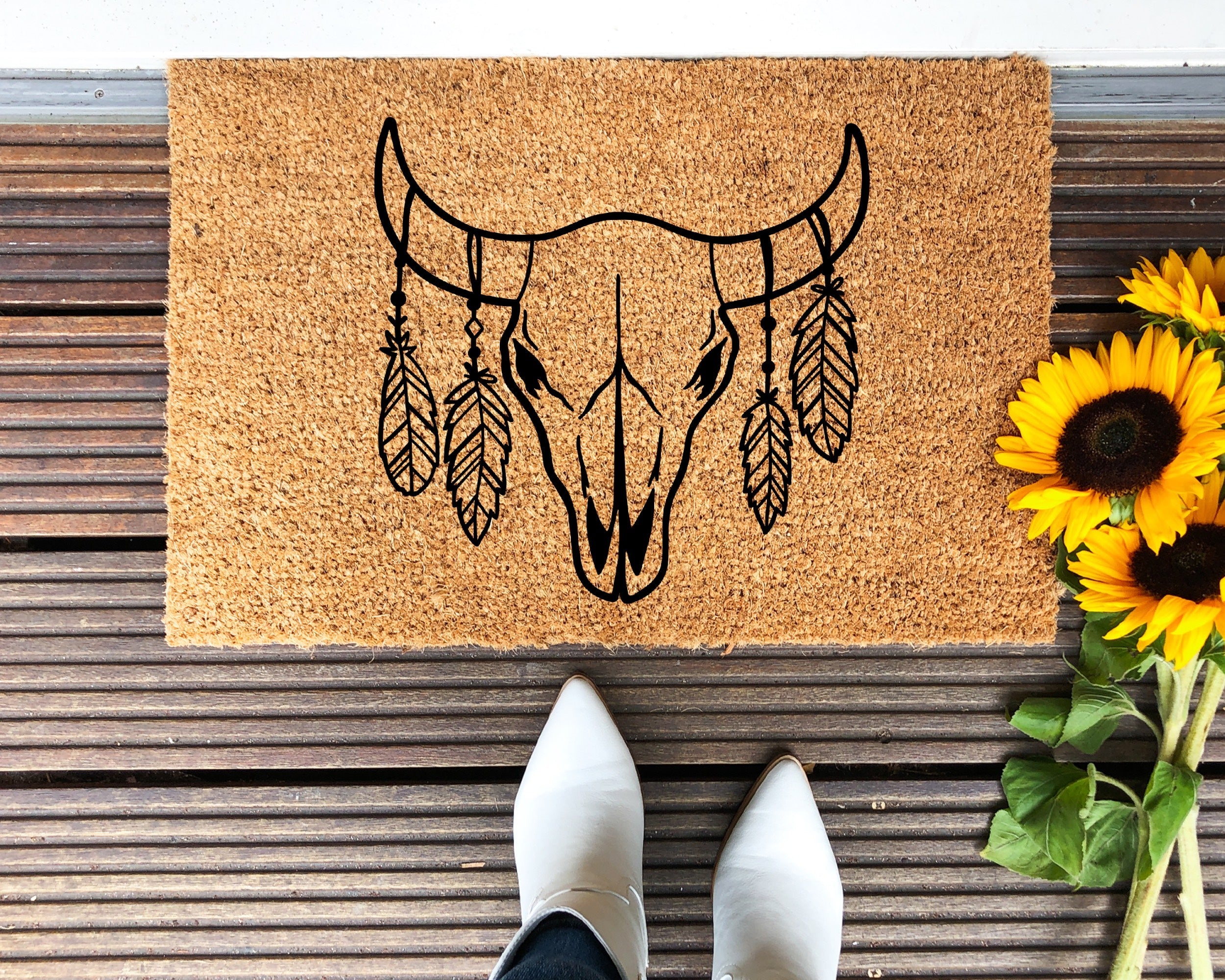 Cow Skull & Feathers Doormat