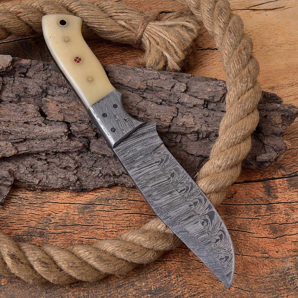 Custom Handmade Hunting Knife with Full Tang Damascus Steel Blade and Bone Handle - 9 Inches