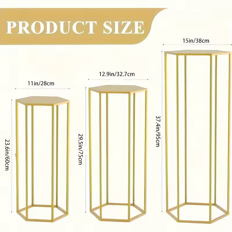 Hex Wedding Cake Stands | 3-Piece Set Gold Metal Pedestals