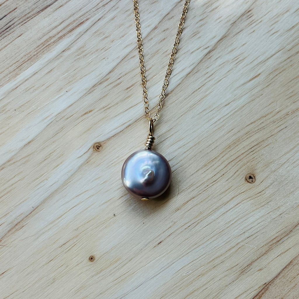 14k gold filled LAVENDER ORCHID FRESHWATER COIN PEARL NECKLACE