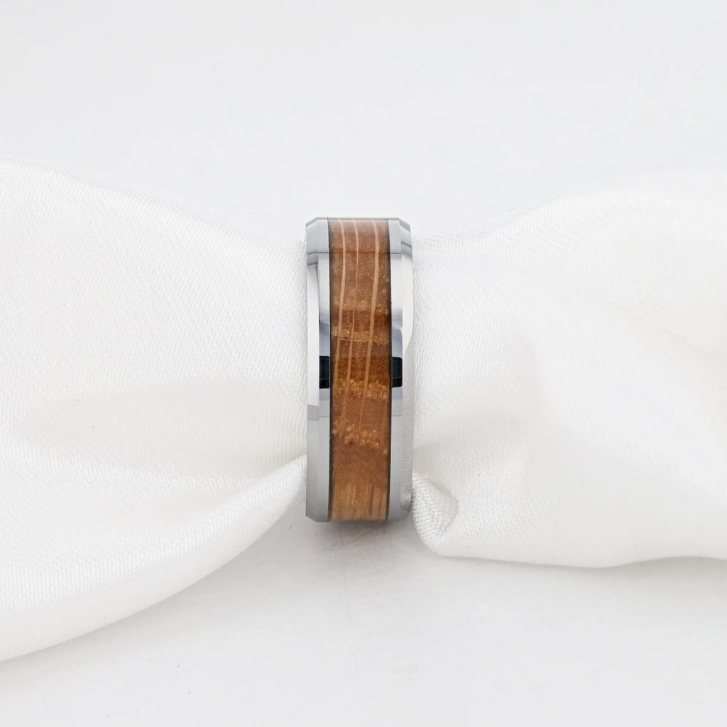 DISTILLED Whiskey Barrel Inlaid Tungsten Men's Wedding Band With Beveled Polished Edges Made From Genuine Whiskey Barrels - 8mm