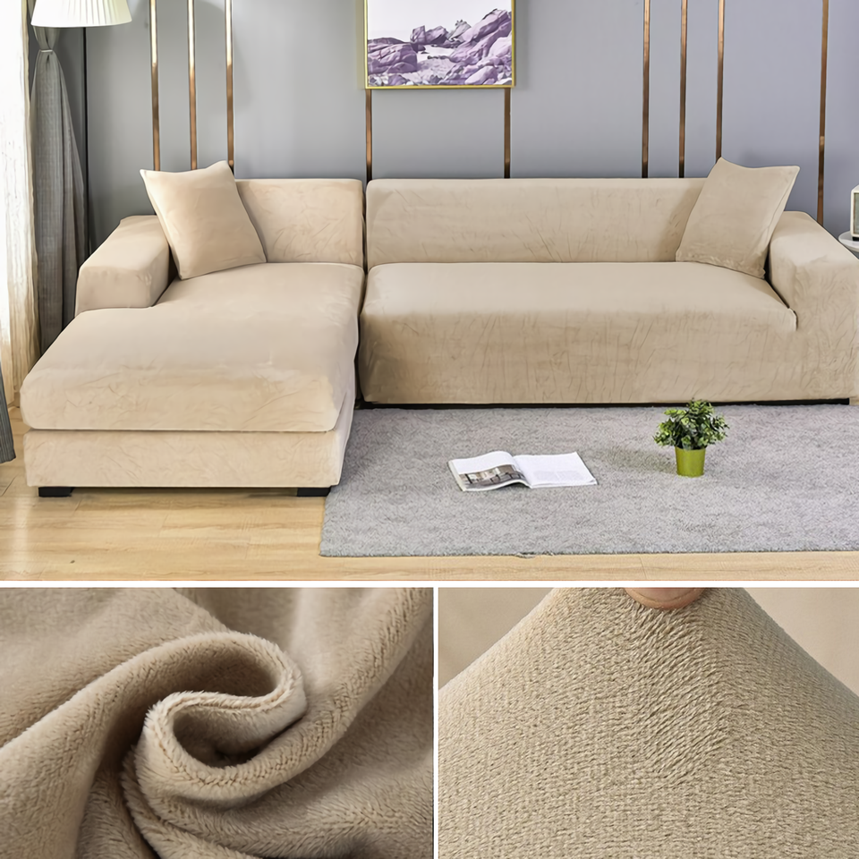 Stretchable Thick Velvet Sofa Cover for L Shaped Corner Sofa in Living Room Fits 1/2/3/4 Seater Couches