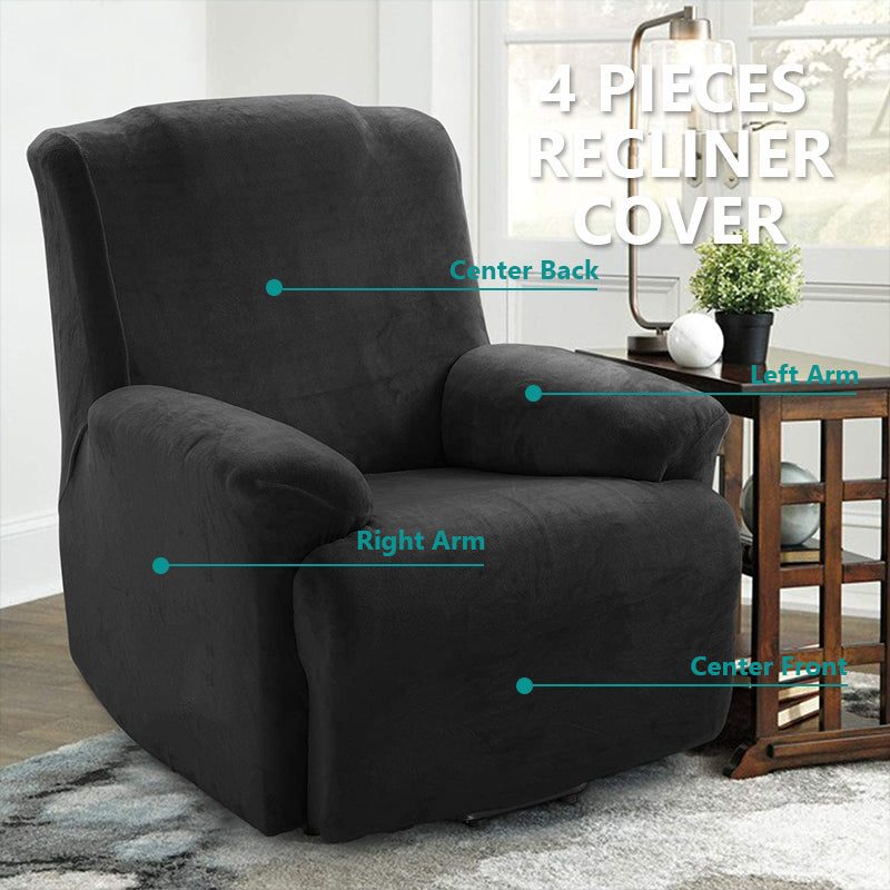 KAS Soft Plush Velvet Recliner Chair Cover - Fleece Armchair Slipcover with Pocket - 4 Pieces Furniture Cover Protector for Reclining Chair